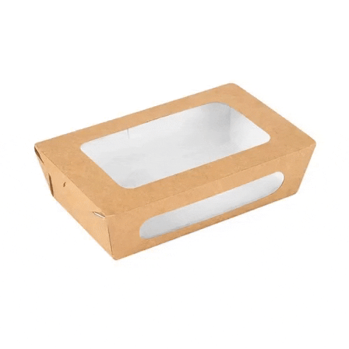 Cafe Vision 35 oz Rectangle Kraft Paper Medium Bio Take Out Container - Two Windows - 8" x 4 3/4" x 2" - 50 count box