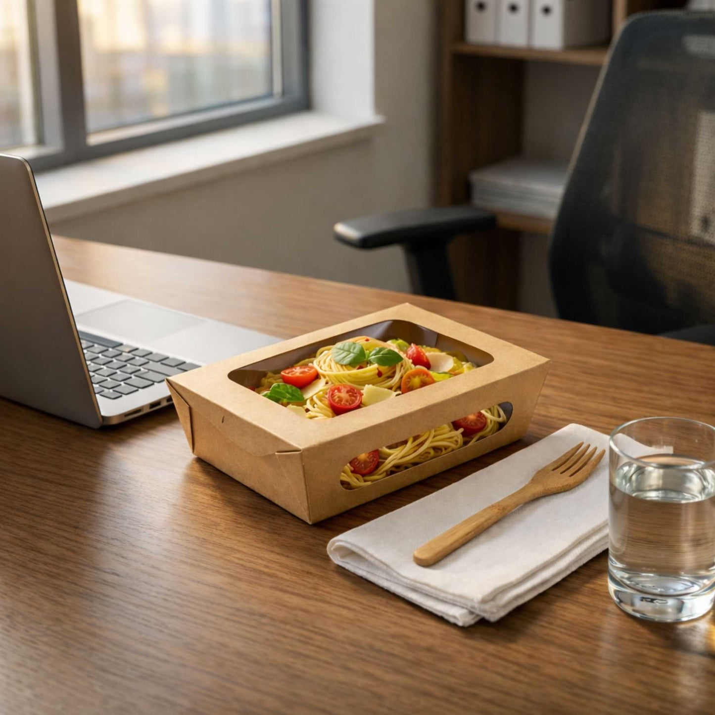 Cafe Vision 57 oz Rectangle Kraft Paper Extra Large Bio Take Out Container - Two Windows - 8" x 5 1/2" x 2 1/2" - 200 count box