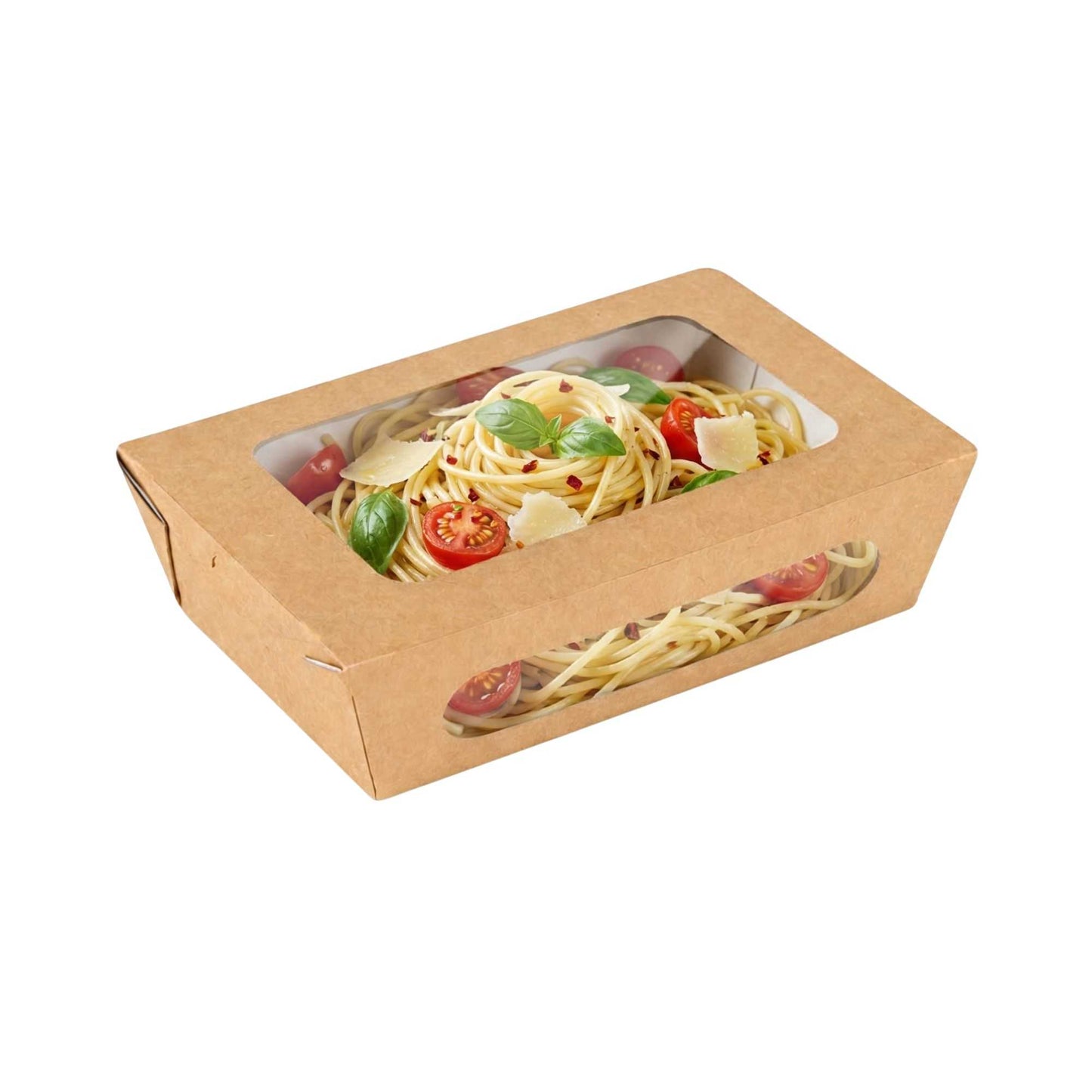 Cafe Vision 57 oz Rectangle Kraft Paper Extra Large Bio Take Out Container - Two Windows - 8" x 5 1/2" x 2 1/2" - 50 count box