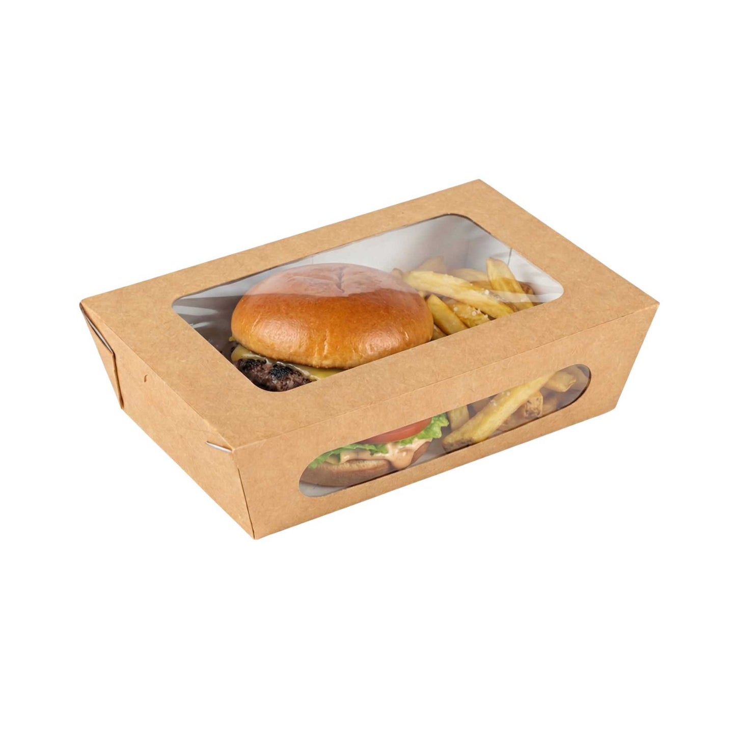 Cafe Vision 57 oz Rectangle Kraft Paper Extra Large Bio Take Out Container - Two Windows - 8" x 5 1/2" x 2 1/2" - 50 count box