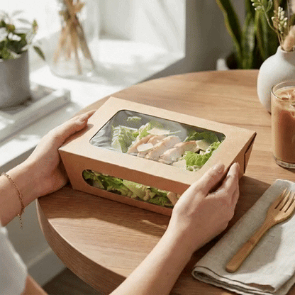 Cafe Vision 57 oz Rectangle Kraft Paper Extra Large Bio Take Out Container - Two Windows - 8" x 5 1/2" x 2 1/2" - 50 count box