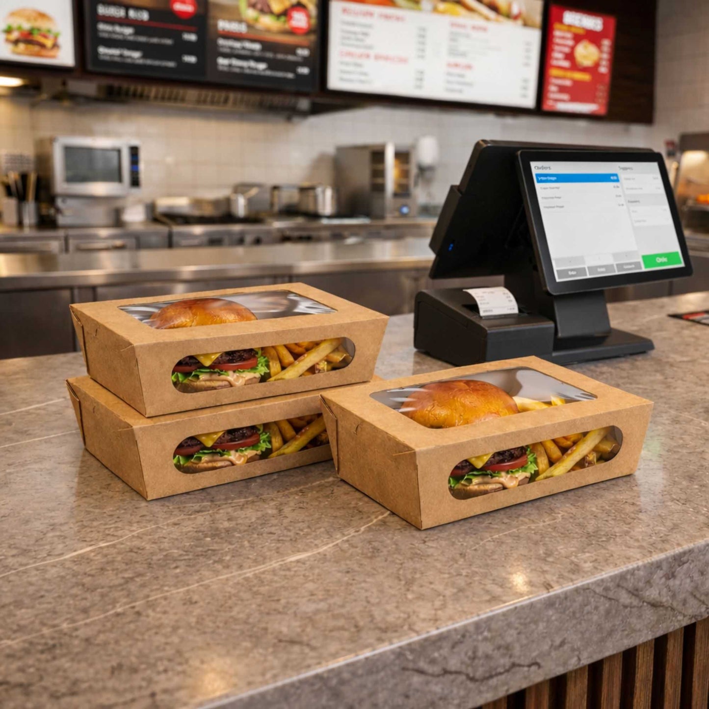Cafe Vision 57 oz Rectangle Kraft Paper Extra Large Bio Take Out Container - Two Windows - 8" x 5 1/2" x 2 1/2" - 50 count box