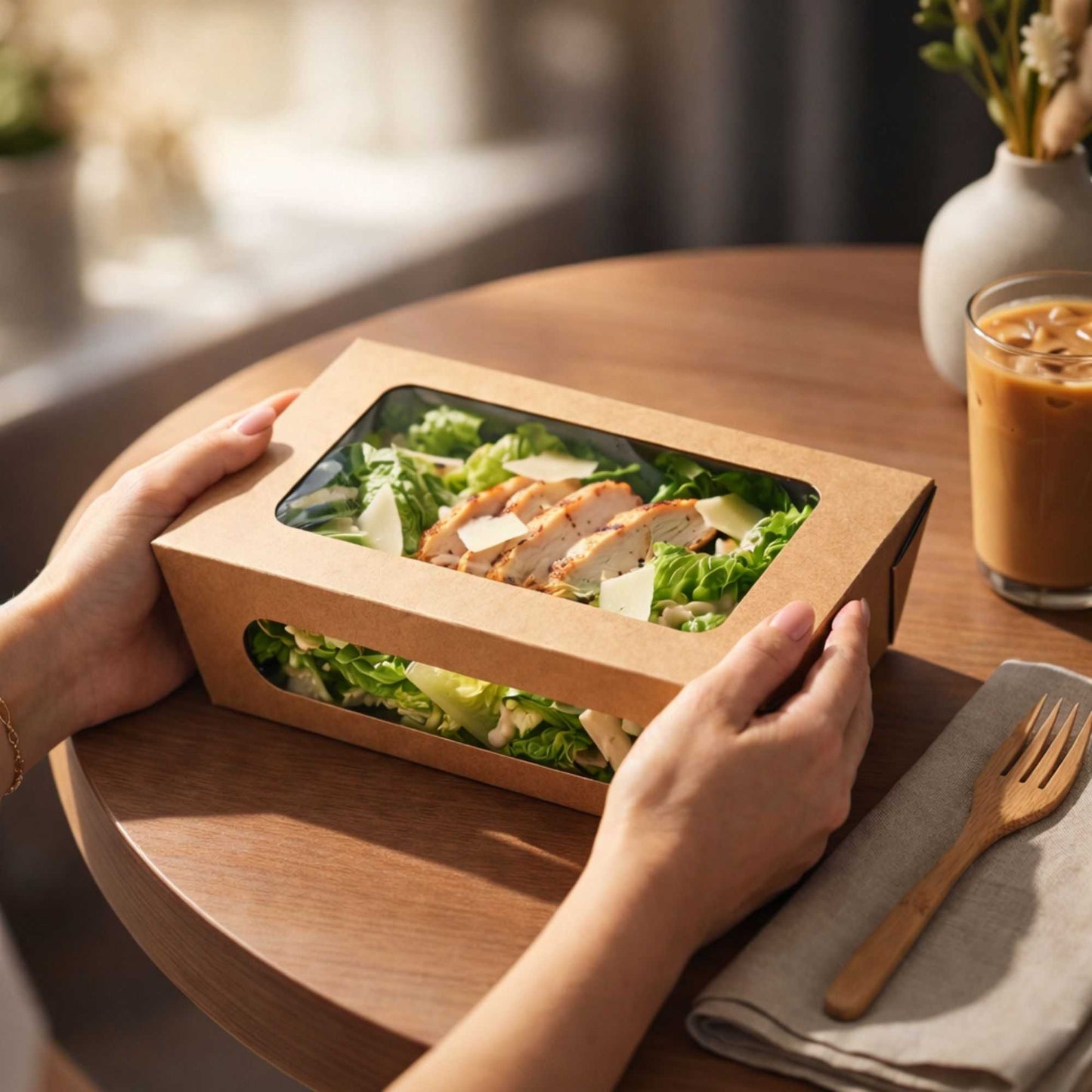 Cafe Vision 57 oz Rectangle Kraft Paper Extra Large Bio Take Out Container - Two Windows - 8" x 5 1/2" x 2 1/2" - 50 count box