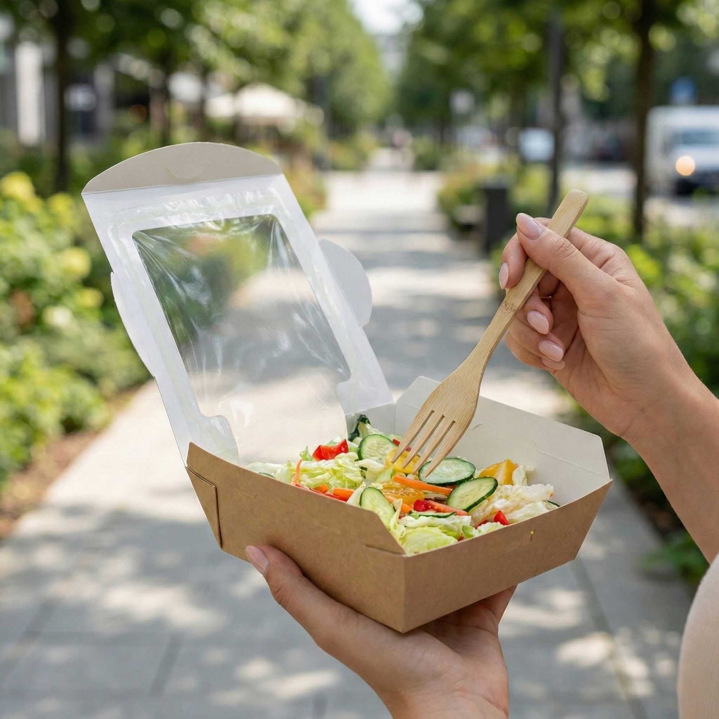 Cafe Vision 26 oz Rectangle Kraft Paper Medium Bio Salad Box - 5 3/4" x 5 3/4" x 1 3/4" - 50 count box