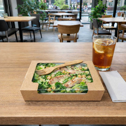 Cafe Vision 40 oz Rectangle Kraft Paper Large Bio Salad Box - 8 1/4" x 6 1/4" x 1 1/2" - 50 count box