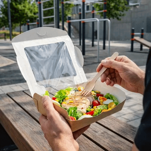 Cafe Vision 40 oz Rectangle Kraft Paper Large Bio Salad Box - 8 1/4" x 6 1/4" x 1 1/2" - 50 count box