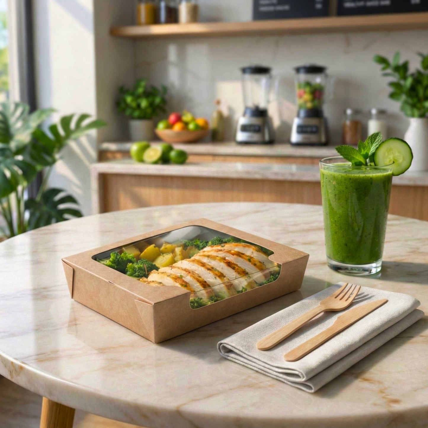 Cafe Vision 40 oz Rectangle Kraft Paper Large Bio Salad Box - 8 1/4" x 6 1/4" x 1 1/2" - 200 count box