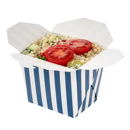 Bio Tek 8 oz Square Blue and White Stripe Paper Noodle Take Out Container - 2 3/4" x 2 1/4" x 2 1/2" - 50 count box