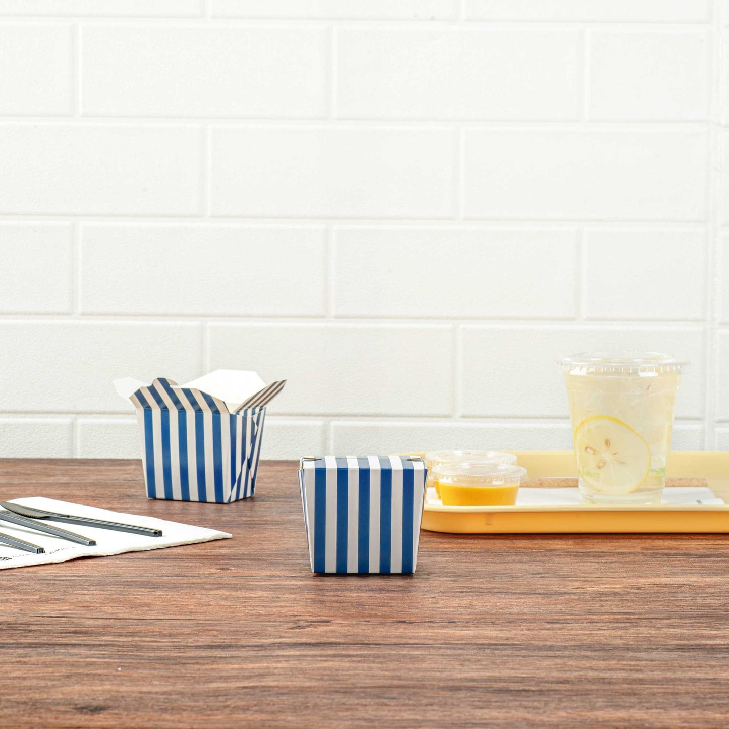 Bio Tek 8 oz Square Blue and White Stripe Paper Noodle Take Out Container - 2 3/4" x 2 1/4" x 2 1/2" - 50 count box