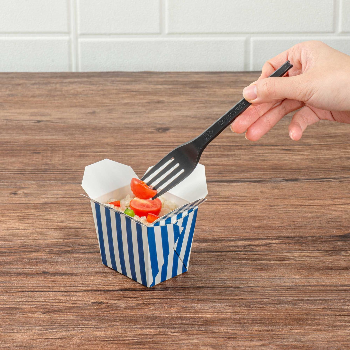 Bio Tek 8 oz Square Blue and White Stripe Paper Noodle Take Out Container - 2 3/4" x 2 1/4" x 2 1/2" - 50 count box