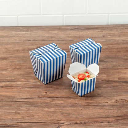 Bio Tek 8 oz Square Blue and White Stripe Paper Noodle Take Out Container - 2 3/4" x 2 1/4" x 2 1/2" - 50 count box