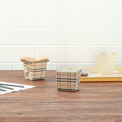 Bio Tek 8 oz Square Plaid Paper Noodle Take Out Container - 2 3/4" x 2 1/4" x 2 1/2" - 50 count box