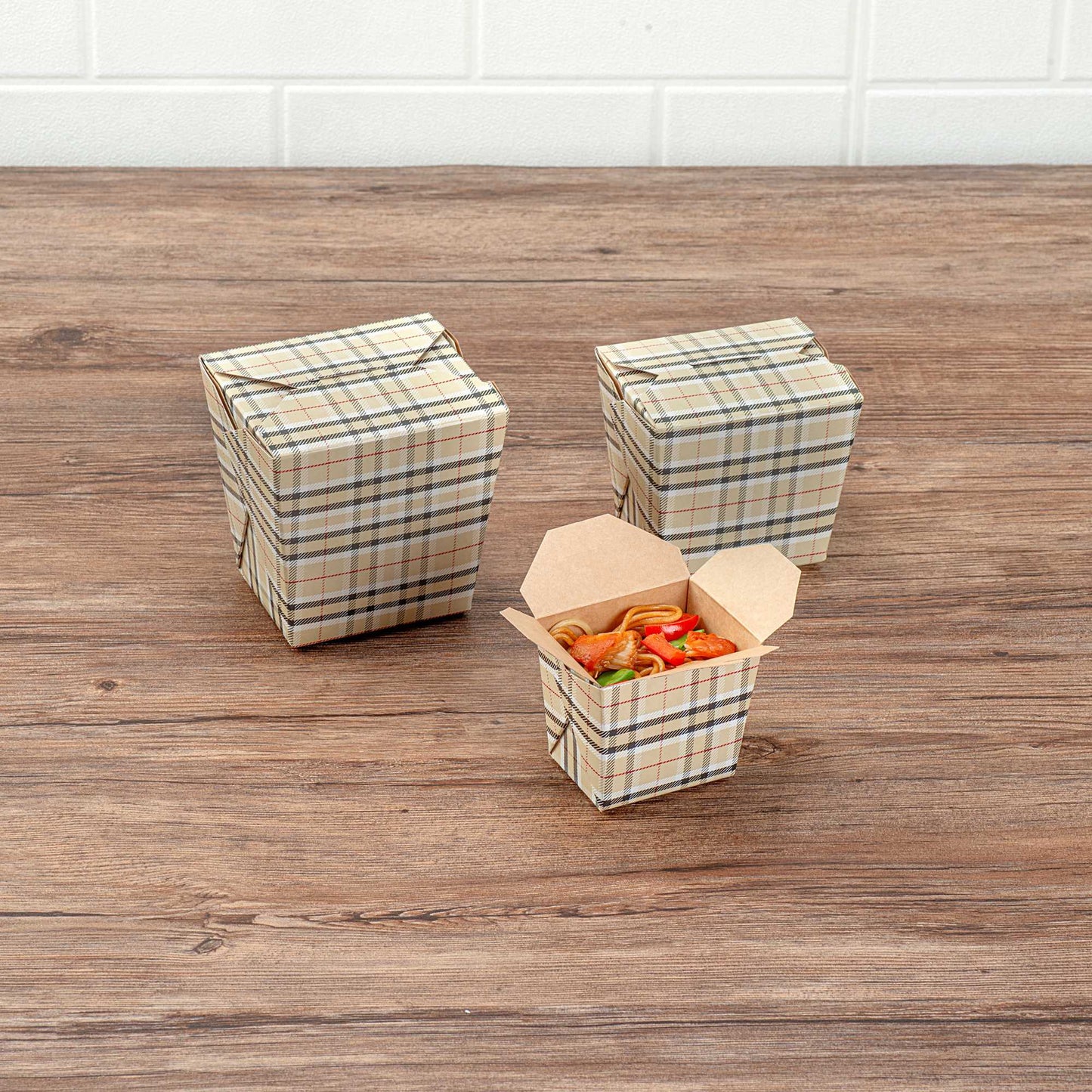 Bio Tek 8 oz Square Plaid Paper Noodle Take Out Container - 2 3/4" x 2 1/4" x 2 1/2" - 50 count box