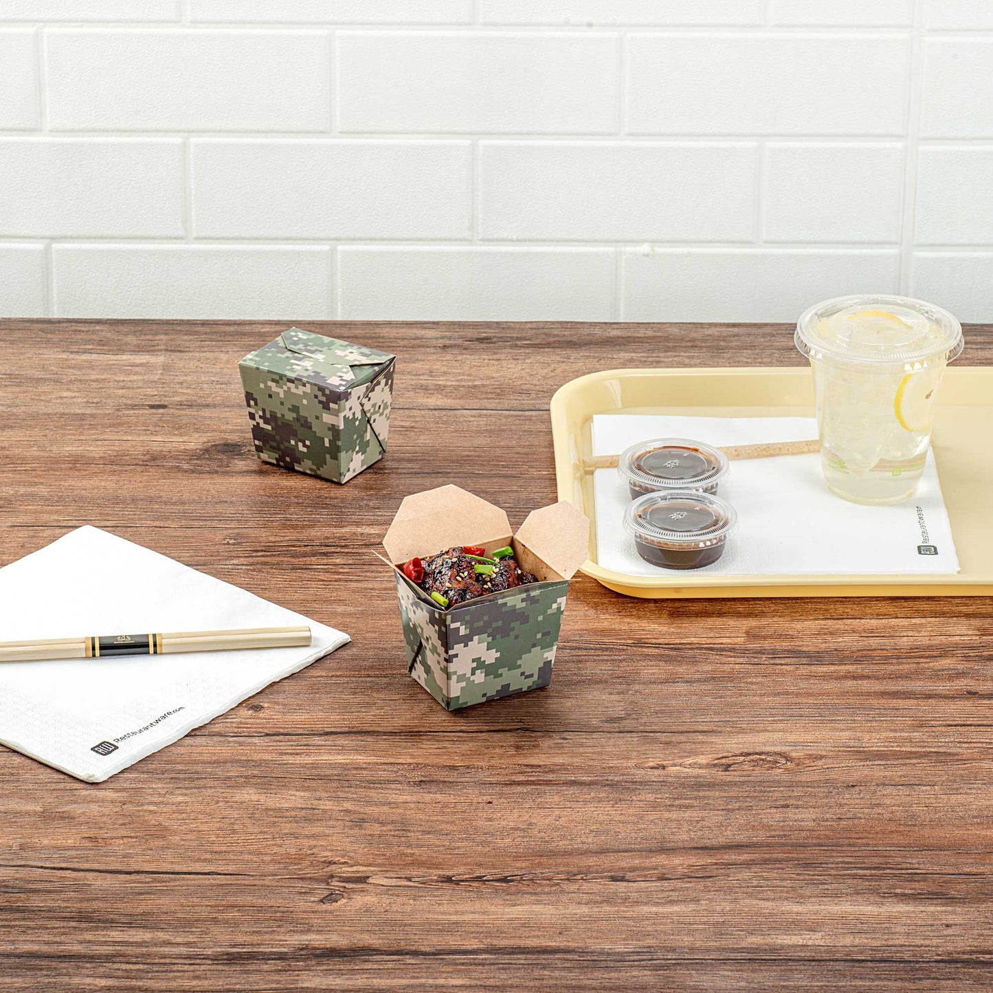 Bio Tek 8 oz Square Camouflage Paper Noodle Take Out Container - 2 3/4" x 2 1/4" x 2 1/2" - 50 count box
