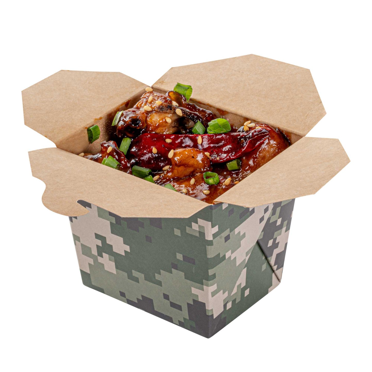 Bio Tek 8 oz Square Camouflage Paper Noodle Take Out Container - 2 3/4" x 2 1/4" x 2 1/2" - 50 count box