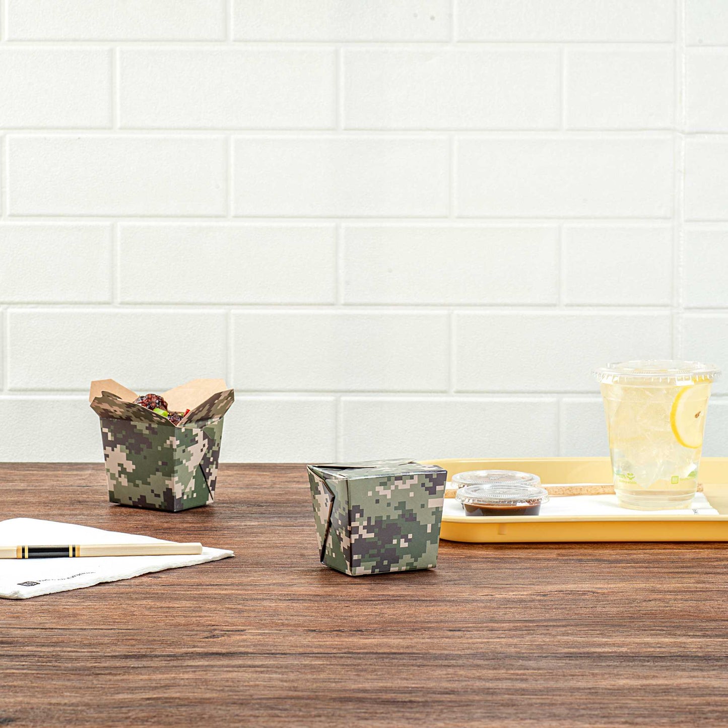 Bio Tek 8 oz Square Camouflage Paper Noodle Take Out Container - 2 3/4" x 2 1/4" x 2 1/2" - 50 count box