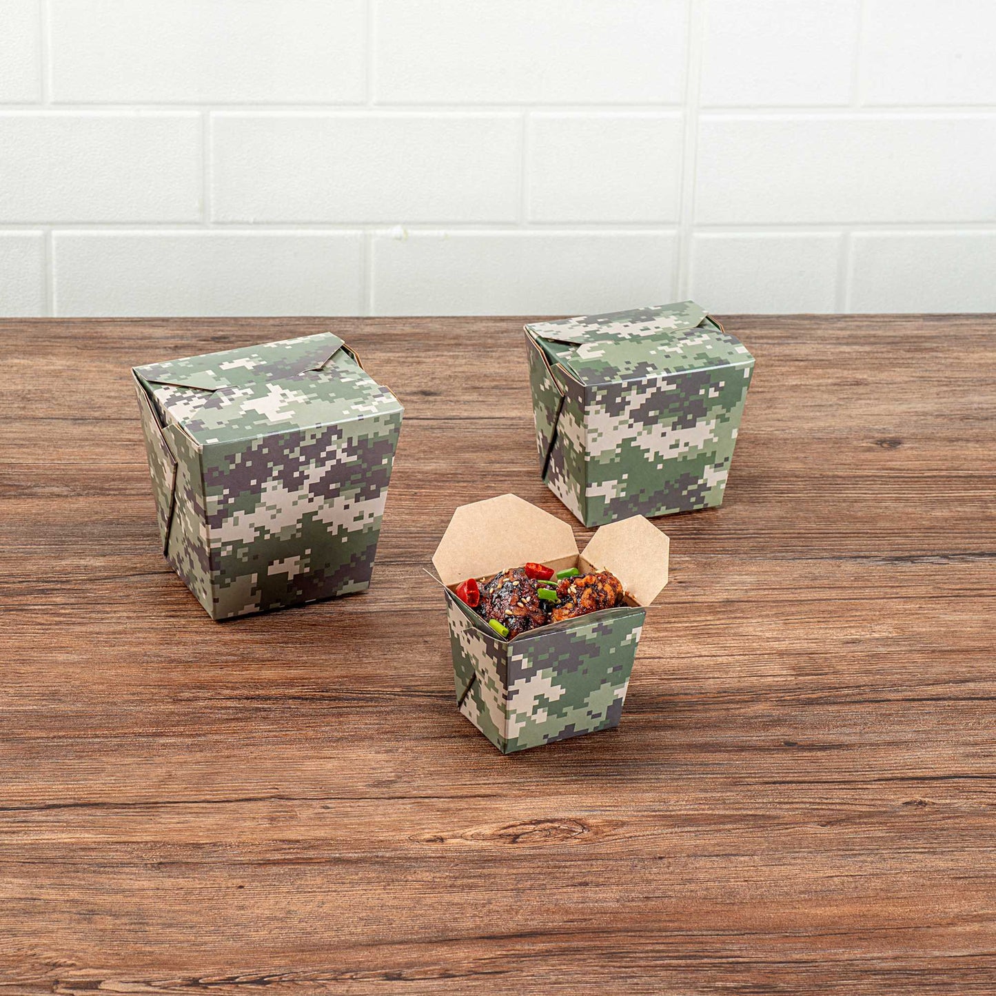 Bio Tek 8 oz Square Camouflage Paper Noodle Take Out Container - 2 3/4" x 2 1/4" x 2 1/2" - 50 count box