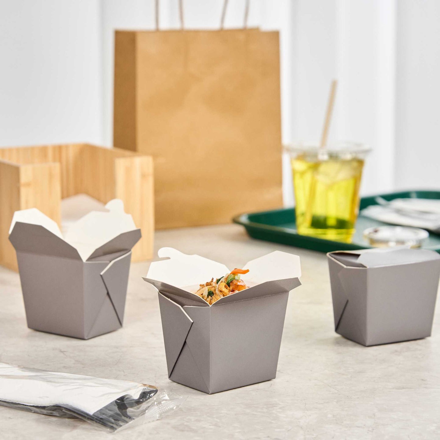 Bio Tek 8 oz Square Gray Paper Noodle Take Out Container - 2 3/4" x 2 1/4" x 2 1/2" - 25 count box