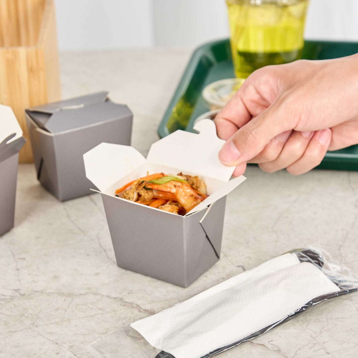 Bio Tek 8 oz Square Gray Paper Noodle Take Out Container - 2 3/4" x 2 1/4" x 2 1/2" - 200 count box