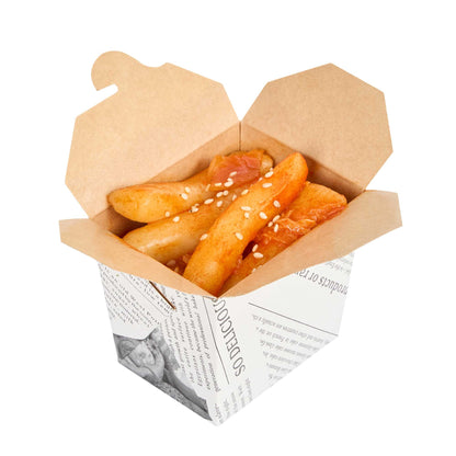 Bio Tek 8 oz Square Newsprint Paper Noodle Take Out Container - 2 3/4" x 2 1/4" x 2 1/2" - 25 count box