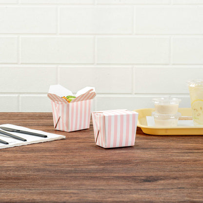 Bio Tek 8 oz Square Pink and White Stripe Paper Noodle Take Out Container - 2 3/4" x 2 1/4" x 2 1/2" - 50 count box
