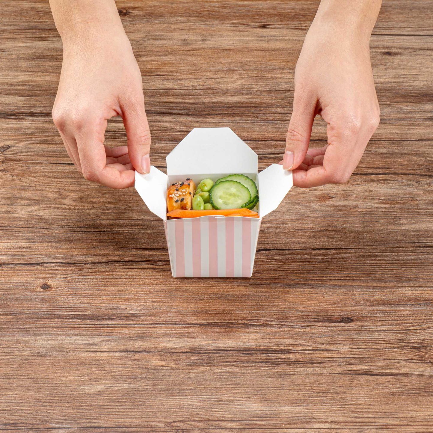 Bio Tek 8 oz Square Pink and White Stripe Paper Noodle Take Out Container - 2 3/4" x 2 1/4" x 2 1/2" - 50 count box