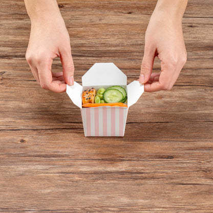 Bio Tek 8 oz Square Pink and White Stripe Paper Noodle Take Out Container - 2 3/4" x 2 1/4" x 2 1/2" - 50 count box