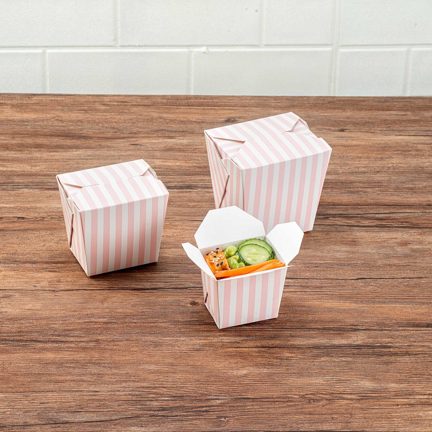 Bio Tek 8 oz Square Pink and White Stripe Paper Noodle Take Out Container - 2 3/4" x 2 1/4" x 2 1/2" - 200 count box