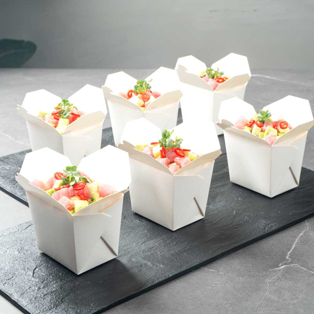 Bio Tek 8 oz Square White Paper Noodle Take Out Container - 2 3/4" x 2 1/4" x 2 1/2" - 25 count box