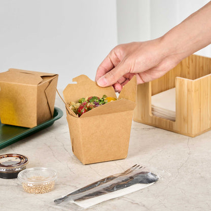 Bio Tek 16 oz Square Kraft Paper Noodle Take Out Container - 3 1/2" x 3" x 3 1/4" - 25 count box