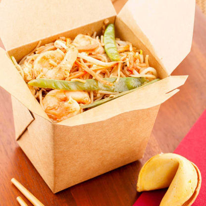 Bio Tek 16 oz Square Kraft Paper Noodle Take Out Container - 3 1/2" x 3" x 3 1/4" - 200 count box