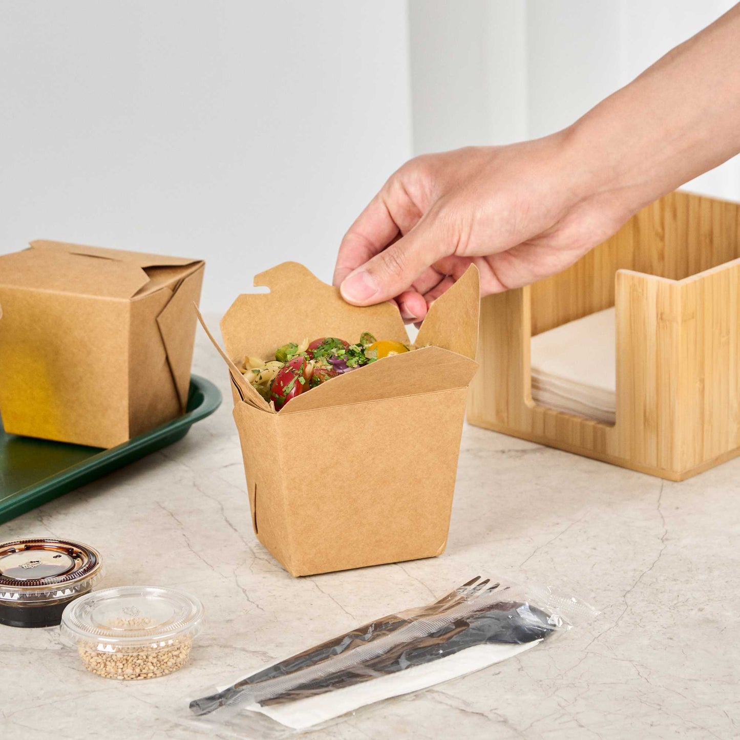 Bio Tek 16 oz Square Kraft Paper Noodle Take Out Container - 3 1/2" x 3" x 3 1/4" - 200 count box