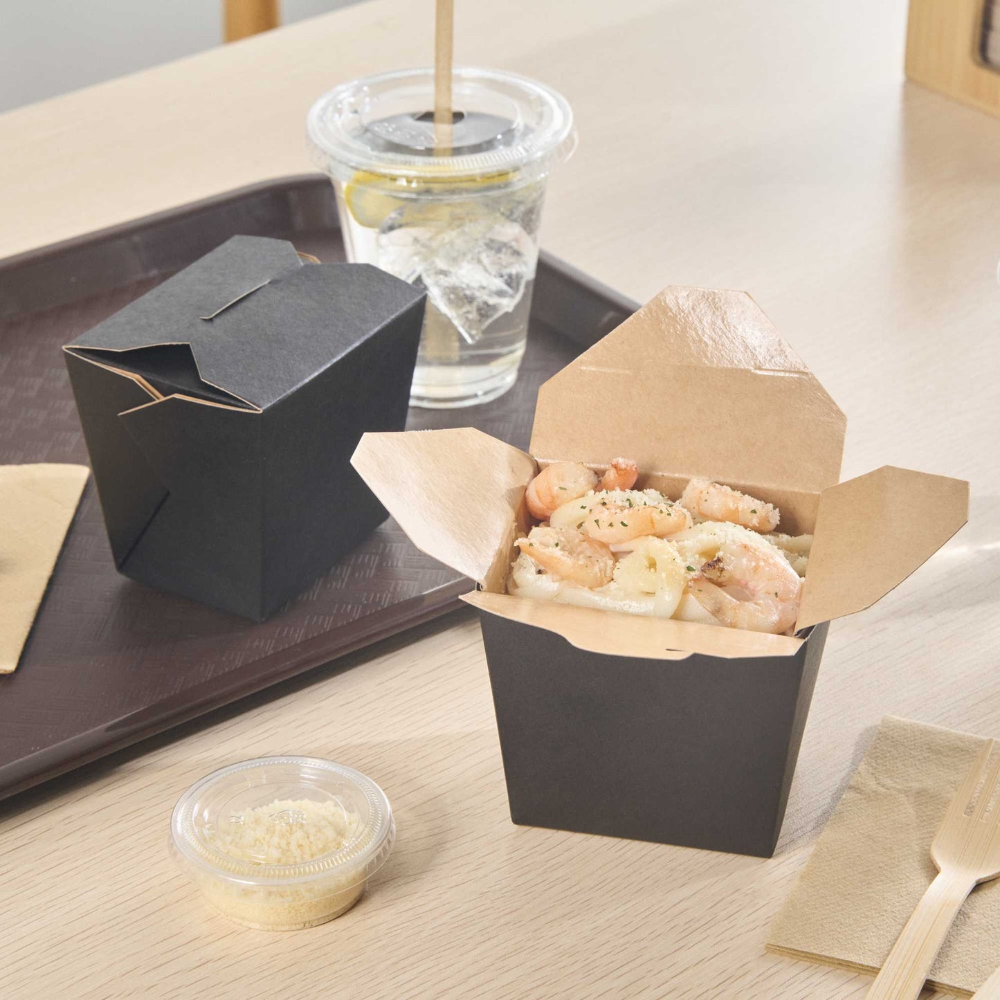 Bio Tek 16 oz Square Black Paper Noodle Take Out Container - 3 1/2" x 3" x 3 1/4" - 200 count box
