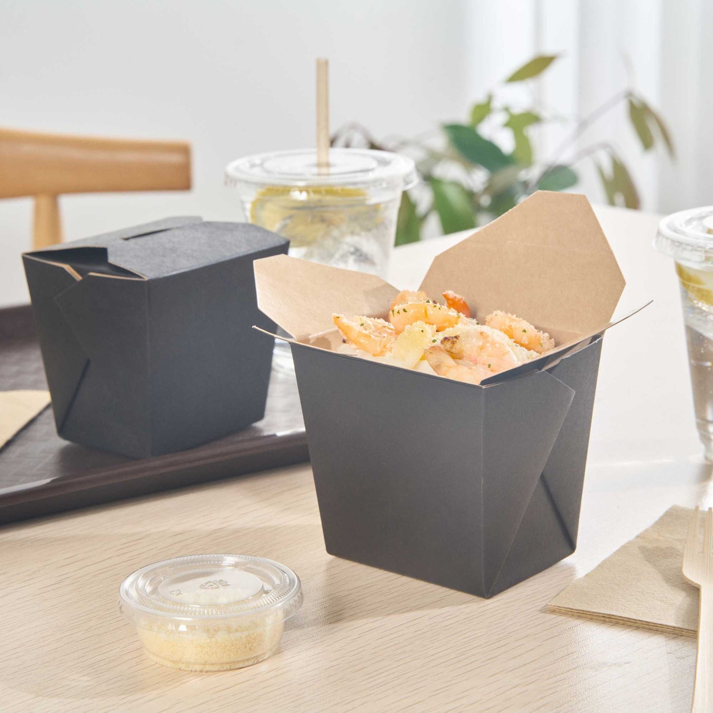 Bio Tek 16 oz Square Black Paper Noodle Take Out Container - 3 1/2" x 3" x 3 1/4" - 200 count box