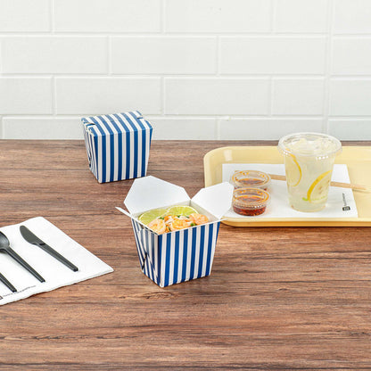 Bio Tek 16 oz Square Blue and White Stripe Paper Noodle Take Out Container - 3 1/2" x 3" x 3 1/4" - 200 count box