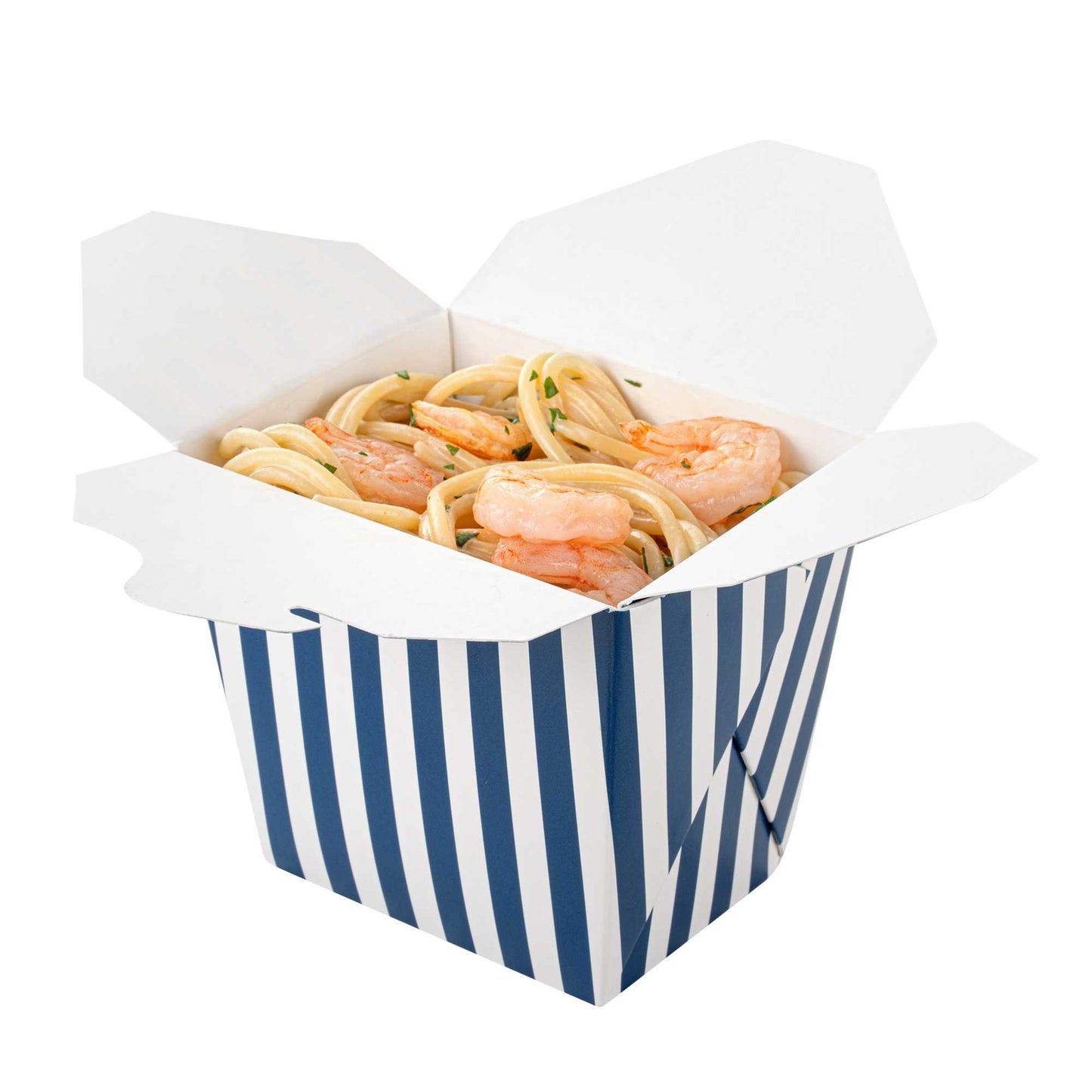 Bio Tek 16 oz Square Blue and White Stripe Paper Noodle Take Out Container - 3 1/2" x 3" x 3 1/4" - 200 count box