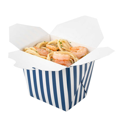 Bio Tek 16 oz Square Blue and White Stripe Paper Noodle Take Out Container - 3 1/2" x 3" x 3 1/4" - 200 count box