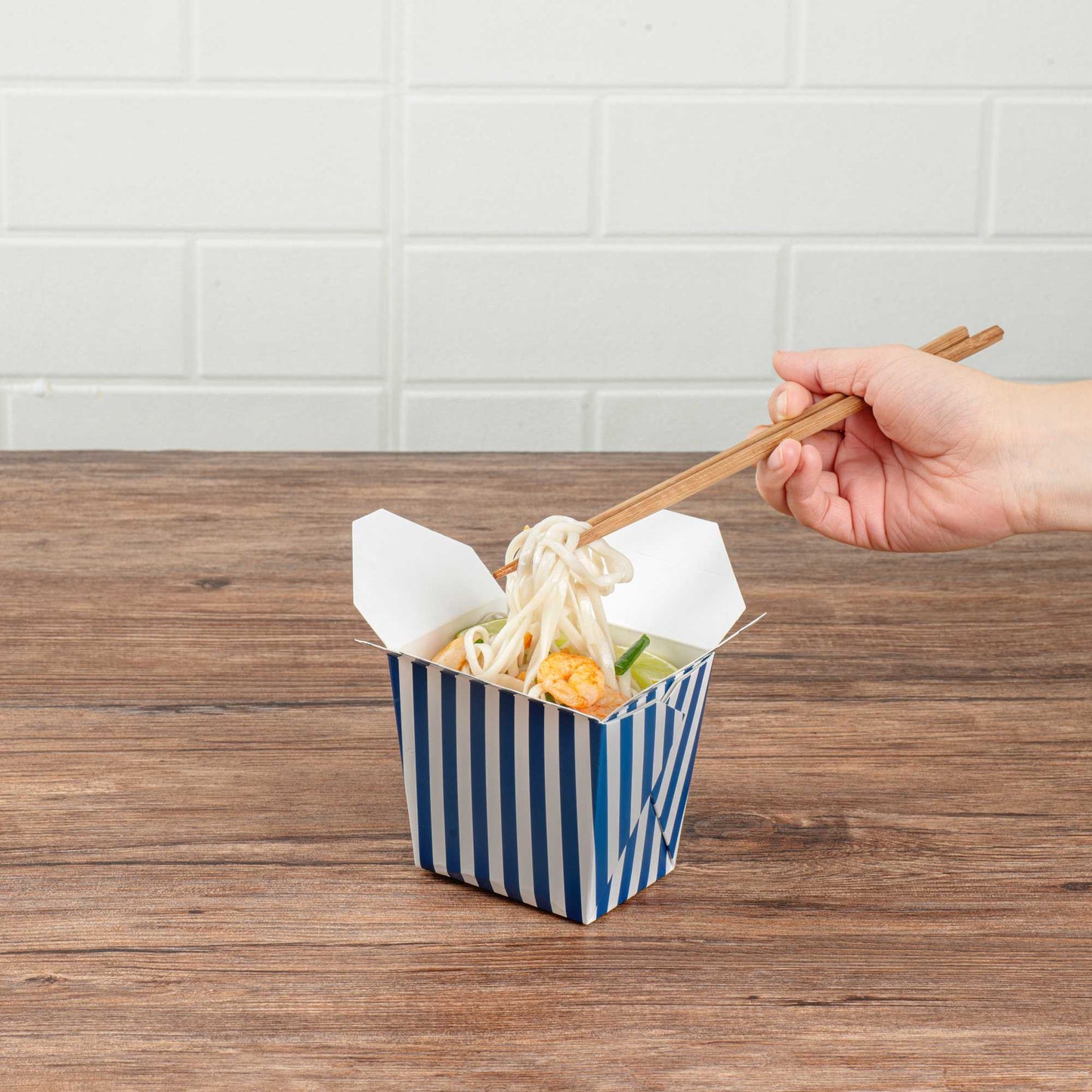 Bio Tek 16 oz Square Blue and White Stripe Paper Noodle Take Out Container - 3 1/2" x 3" x 3 1/4" - 200 count box
