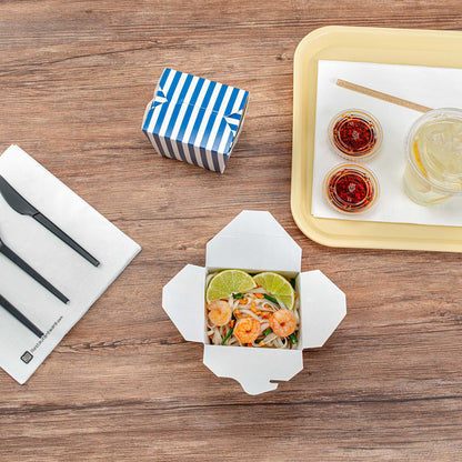 Bio Tek 16 oz Square Blue and White Stripe Paper Noodle Take Out Container - 3 1/2" x 3" x 3 1/4" - 200 count box