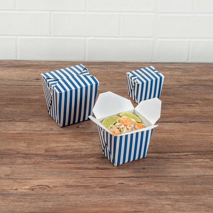 Bio Tek 16 oz Square Blue and White Stripe Paper Noodle Take Out Container - 3 1/2" x 3" x 3 1/4" - 200 count box