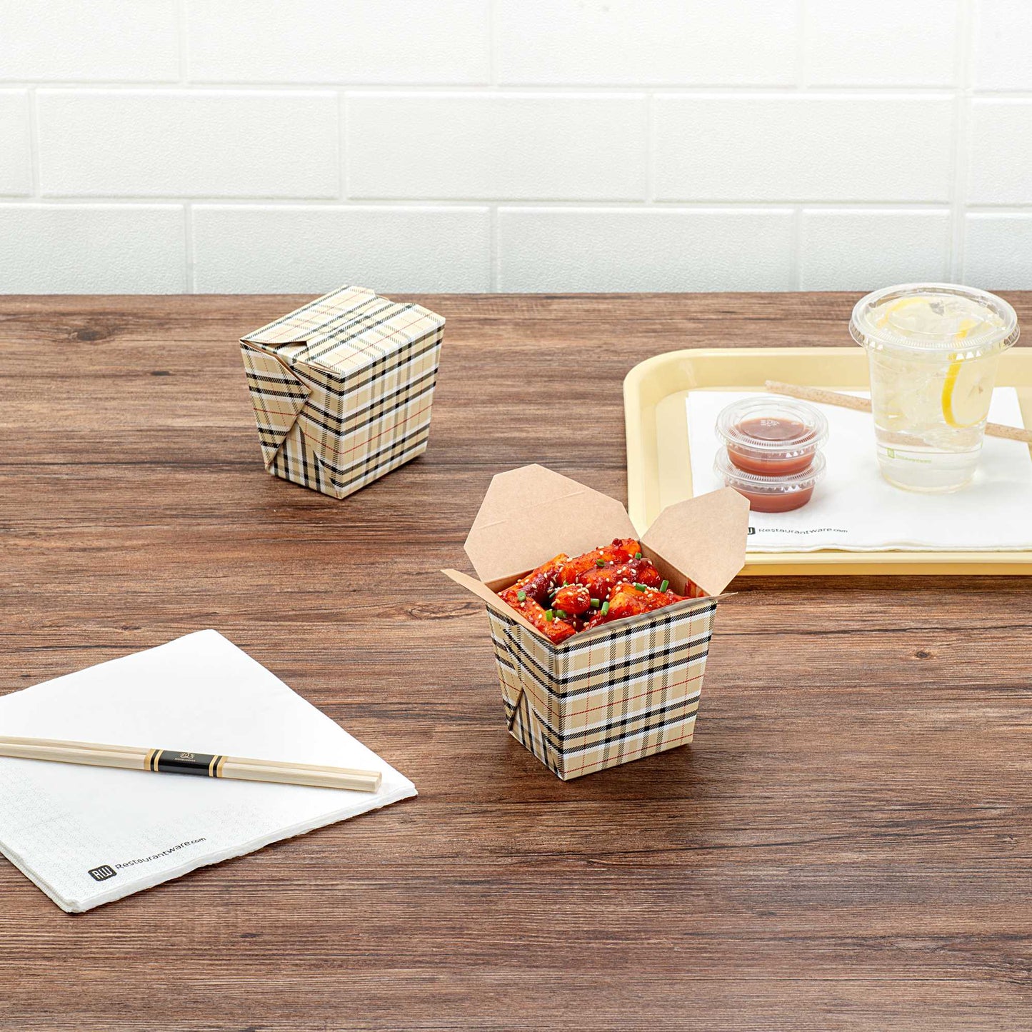 Bio Tek 16 oz Square Plaid Paper Noodle Take Out Container - 3 1/2" x 3" x 3 1/4" - 200 count box