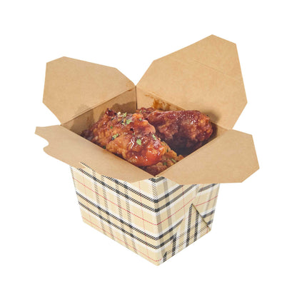 Bio Tek 16 oz Square Plaid Paper Noodle Take Out Container - 3 1/2" x 3" x 3 1/4" - 50 count box
