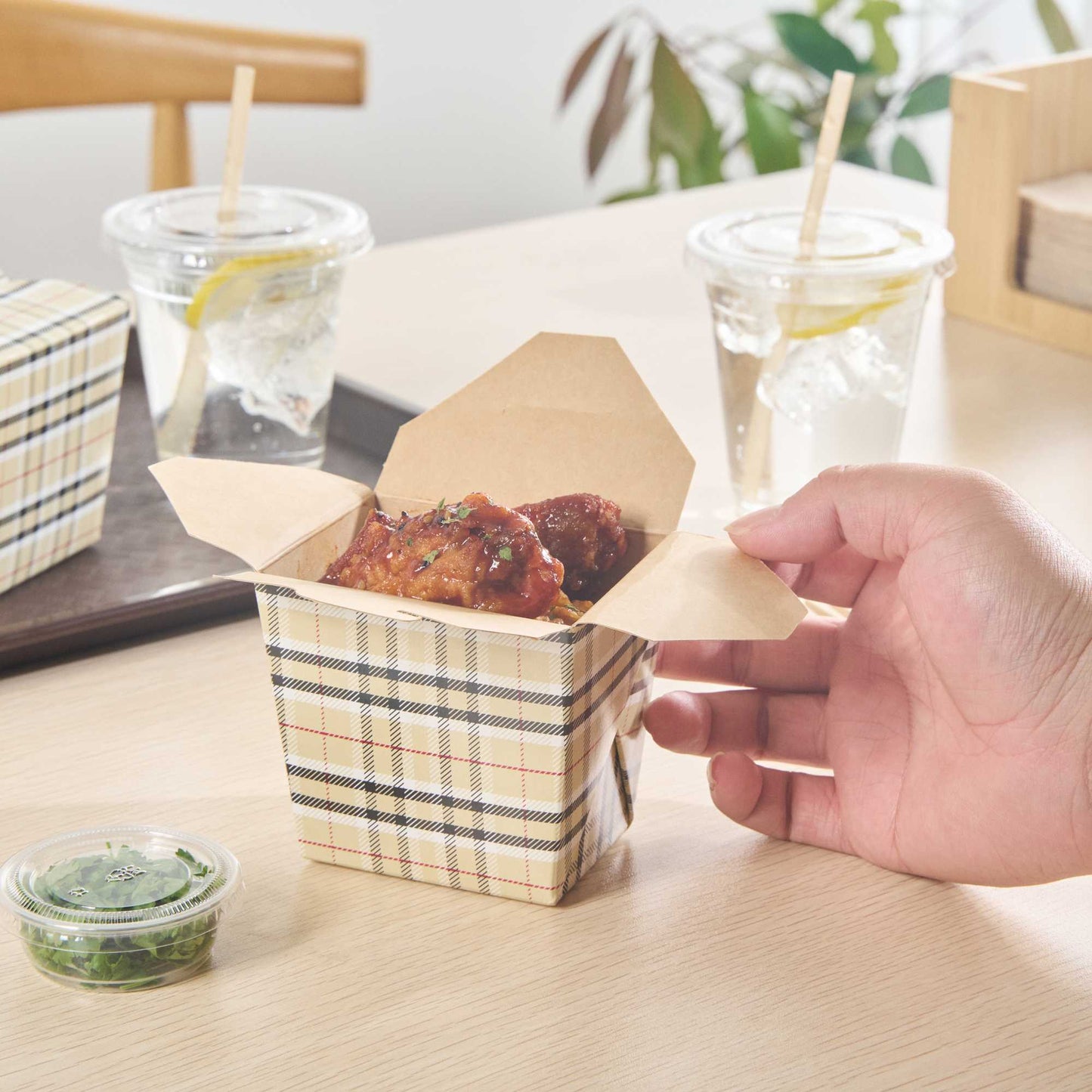 Bio Tek 16 oz Square Plaid Paper Noodle Take Out Container - 3 1/2" x 3" x 3 1/4" - 50 count box