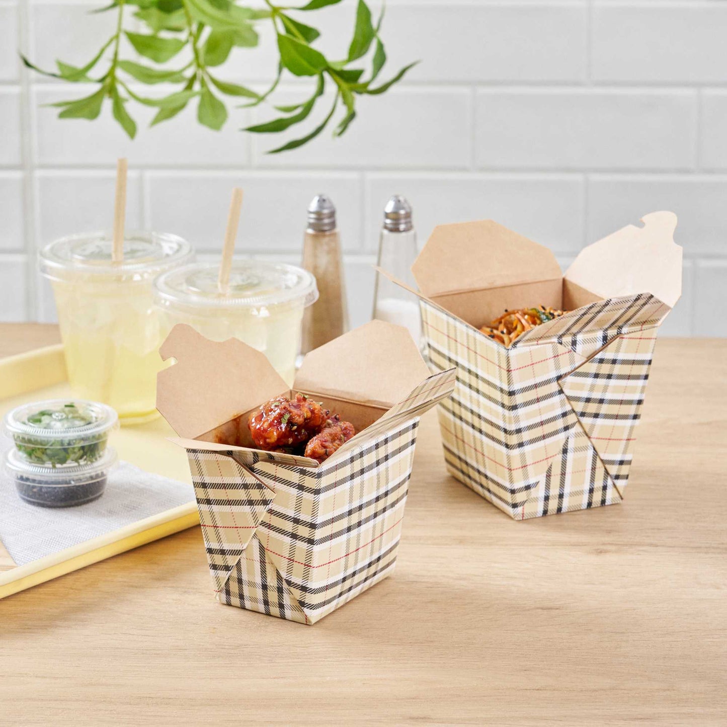 Bio Tek 16 oz Square Plaid Paper Noodle Take Out Container - 3 1/2" x 3" x 3 1/4" - 50 count box