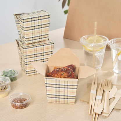 Bio Tek 16 oz Square Plaid Paper Noodle Take Out Container - 3 1/2" x 3" x 3 1/4" - 50 count box