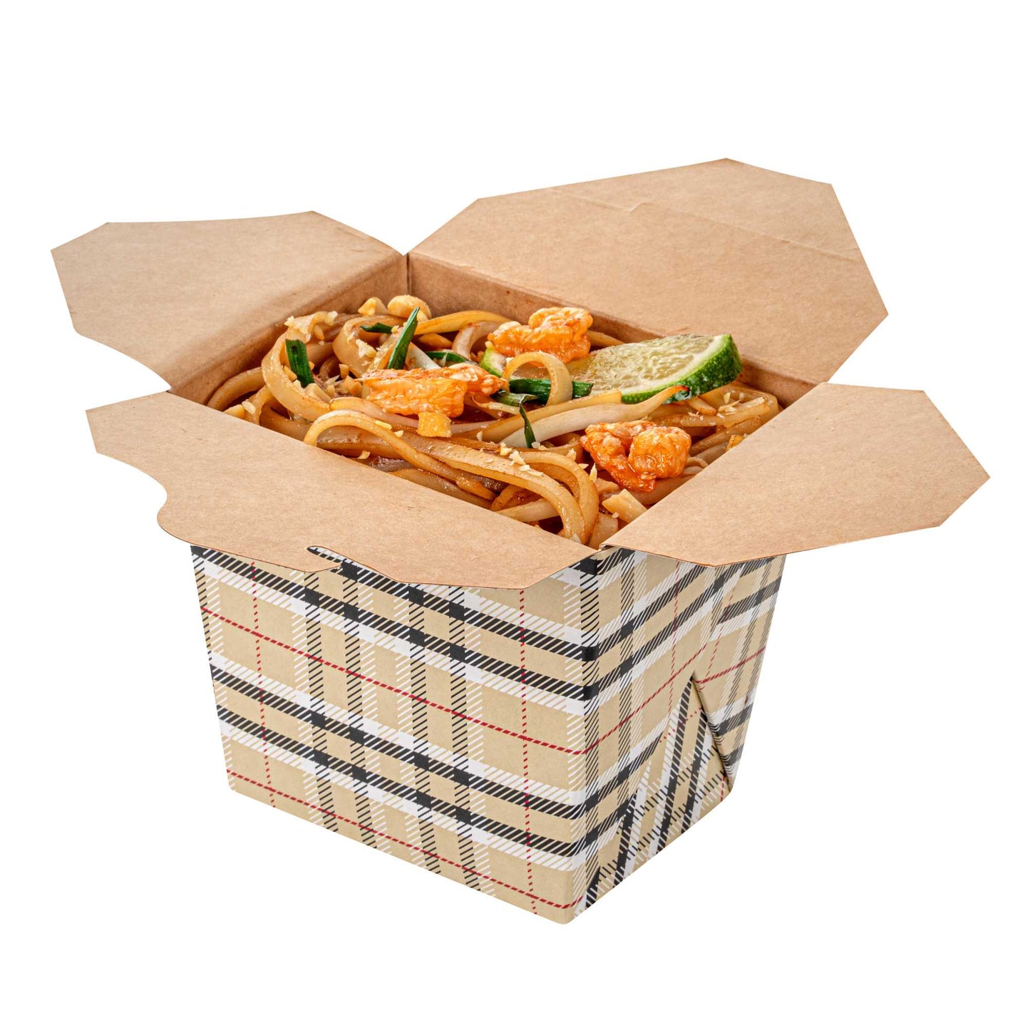 Bio Tek 16 oz Square Plaid Paper Noodle Take Out Container - 3 1/2" x 3" x 3 1/4" - 200 count box