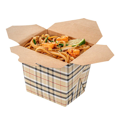 Bio Tek 16 oz Square Plaid Paper Noodle Take Out Container - 3 1/2" x 3" x 3 1/4" - 200 count box