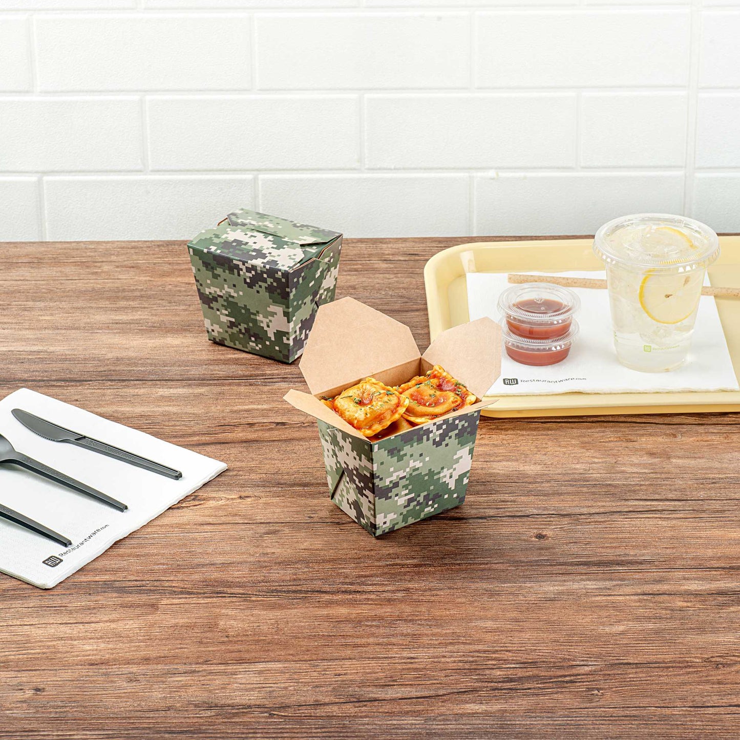 Bio Tek 16 oz Square Camouflage Paper Noodle Take Out Container - 3 1/2" x 3" x 3 1/4" - 200 count box