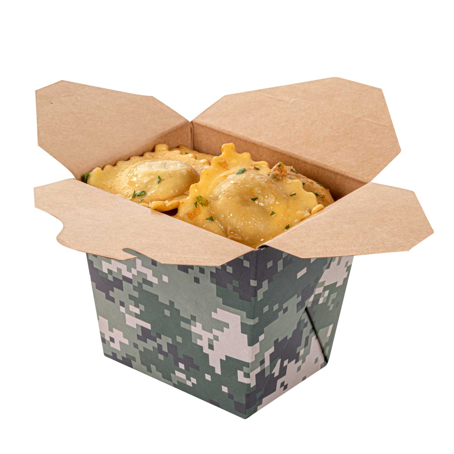 Bio Tek 16 oz Square Camouflage Paper Noodle Take Out Container - 3 1/2" x 3" x 3 1/4" - 50 count box
