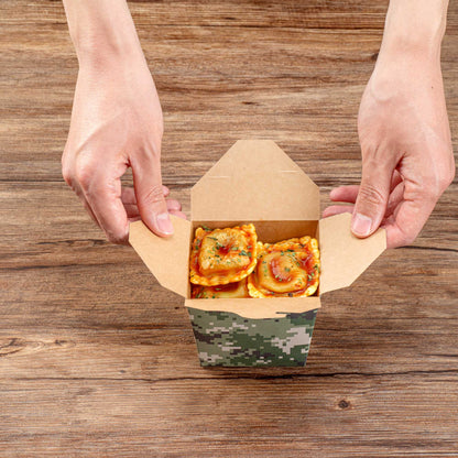 Bio Tek 16 oz Square Camouflage Paper Noodle Take Out Container - 3 1/2" x 3" x 3 1/4" - 50 count box